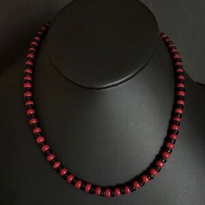 Sterling Silver Black Onyx W Red Coral Bead Necklace. 18 Inch